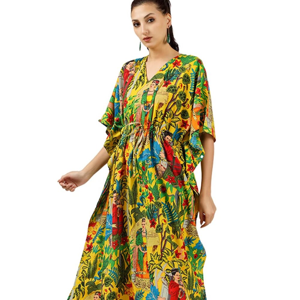 BRAND NEW Frida Kahlo Cotton Kaftan  Long Kaftan Dress Beach Cover Caftan Dress - Picture 5 of 6